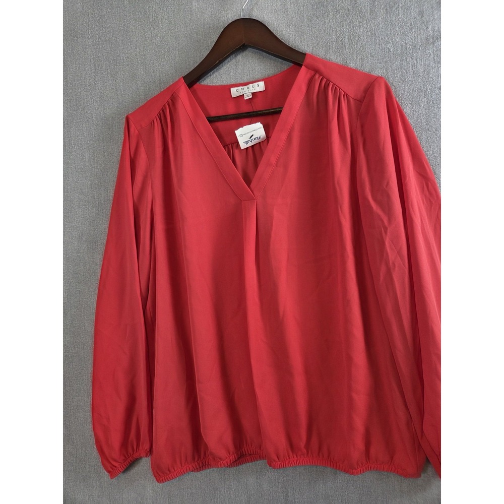 CHAUS New York Chiffon Blouse L Rust Orange Flowy Career Old Money V Neck NEW